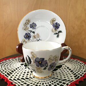 Delphine England Bone China Purple Flower Teacup Saucer Gold Trim